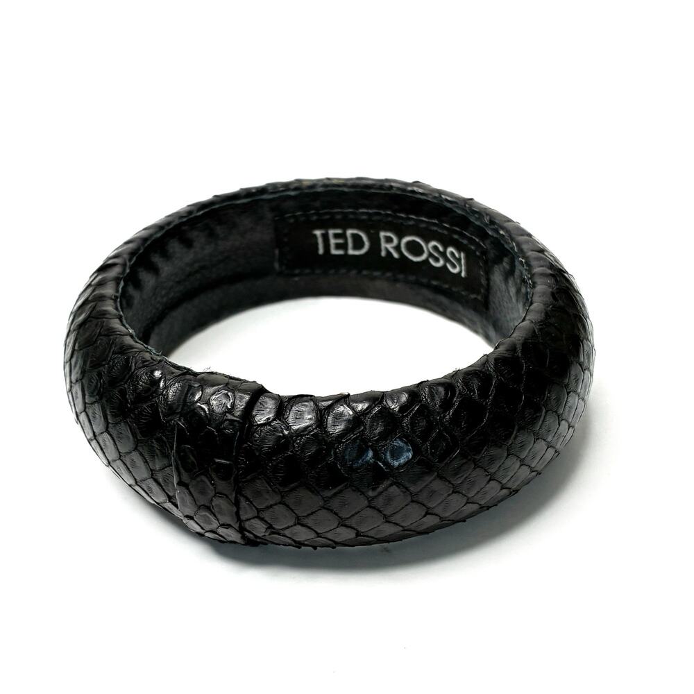 Ted Rossi Black Leather Snakeskin Chunky Statement Bangle Bracelet